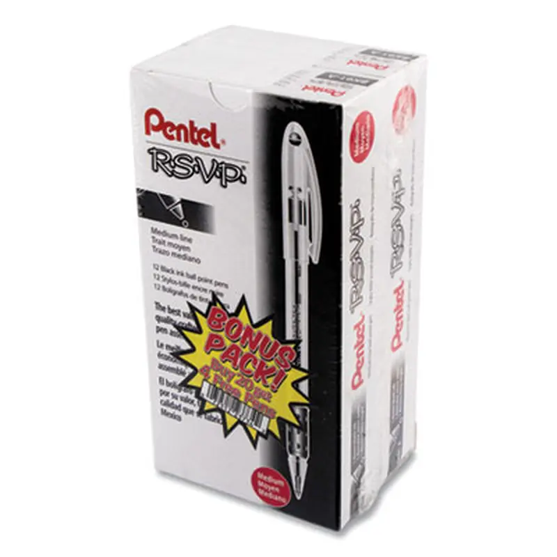 R.S.V.P. Ballpoint Pen Value Pack, Stick, Medium 1 mm, Black Ink, Clear/Black Barrel, 24/Pack - Pens | Pentel