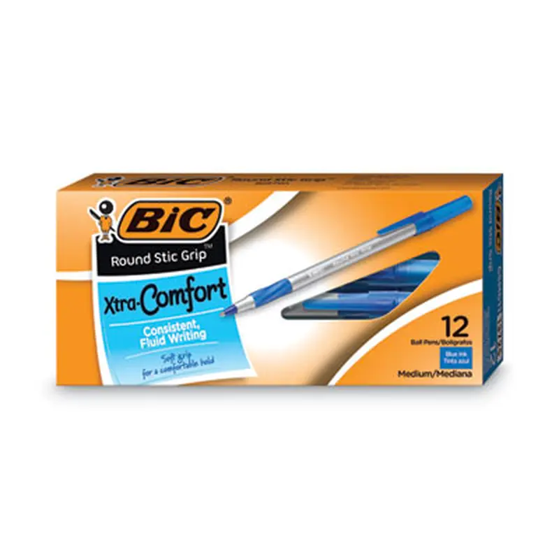 Round Stic Grip Xtra Comfort Ballpoint Pen, Easy-Glide System, Stick, Medium 1.2 mm, Blue Ink, Gray/Blue Barrel, Dozen - Pens | BIC
