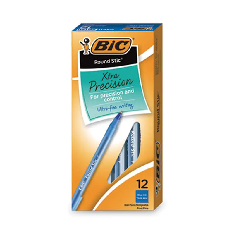 Round Stic Xtra Precision Ballpoint Pen, Stick, Fine 0.8 mm, Blue Ink, Translucent Blue Barrel, Dozen - Pens | BIC