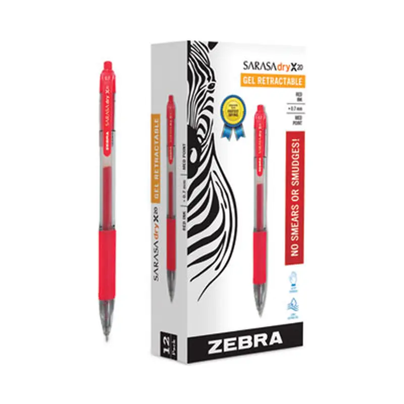 Sarasa Dry Gel X20 Gel Pen, Retractable, Medium 0.7 mm, Red Ink, Clear/Red Barrel, 12/Pack - Pens | Zebra