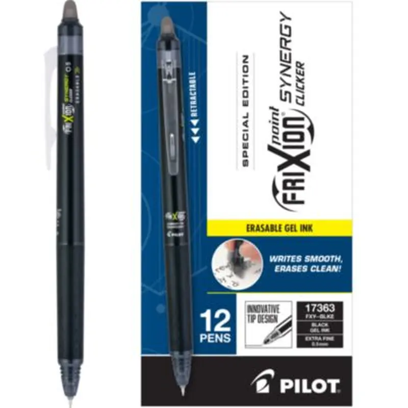 FriXion Synergy Clicker Erasable Gel Pen, Retractable, Extra-Fine 0.5 mm, Black Ink, Black/Smoke Barrel, Dozen - Pens | Pilot