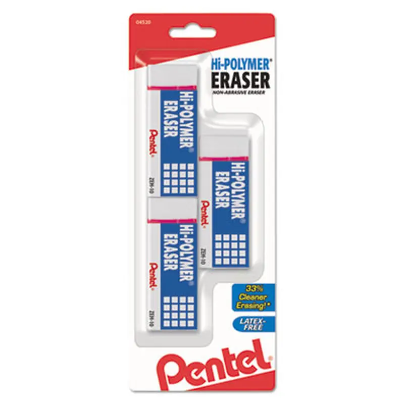 Hi-Polymer Eraser, For Pencil Marks, Rectangular Block, Medium, White, 3/Pack - Pencil & Ink Erasers | Pentel