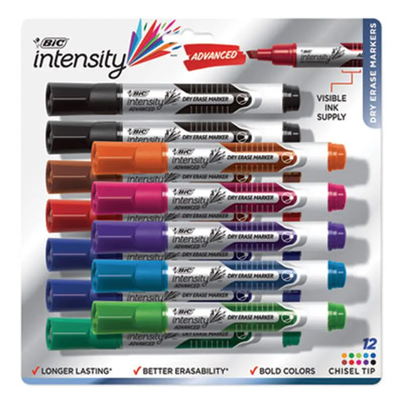 Intensity Advanced Dry Erase Marker, Tank-Style, Broad Chisel Tip, Assorted Colors, Dozen - Board Markers | BIC