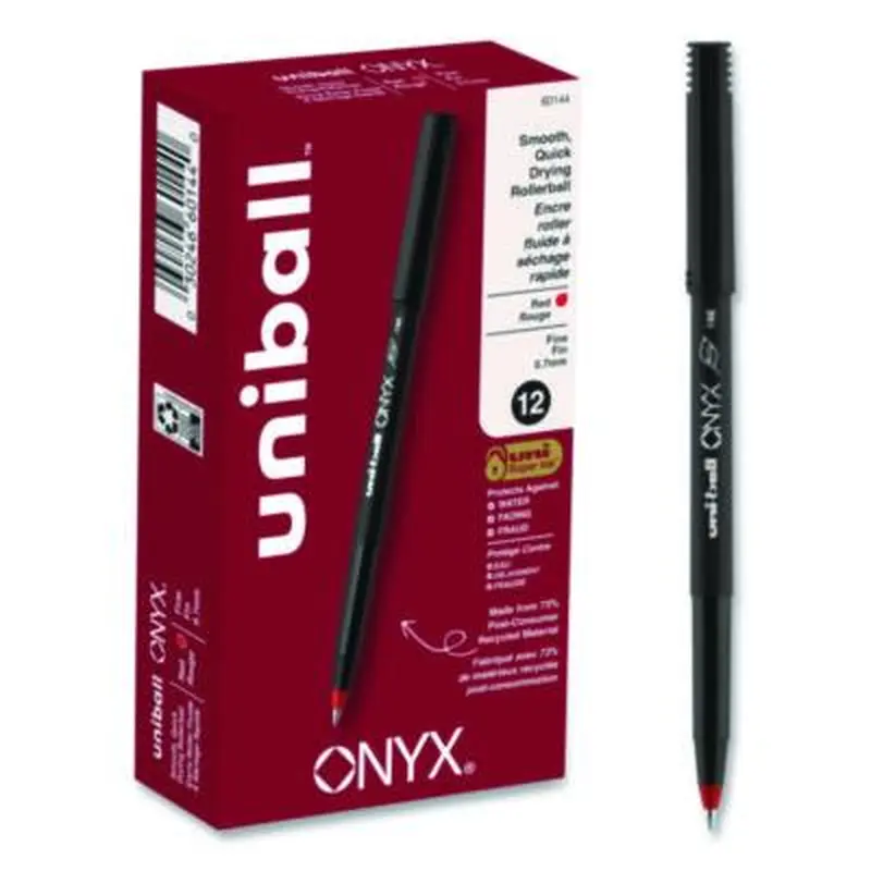 ONYX Rollerball Pen, Stick, Fine 0.7 mm, Red Ink, Black/Red Barrel, Dozen - Pens | uniball