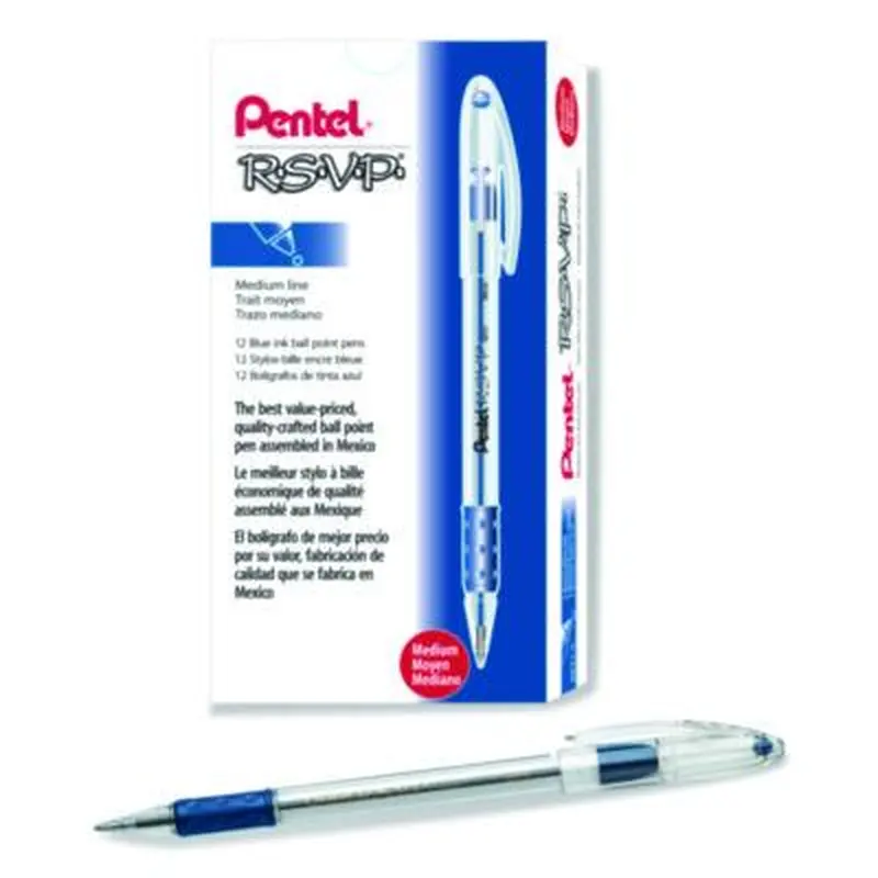 R.S.V.P. Ballpoint Pen, Stick, Medium 1 mm, Blue Ink, Clear/Blue Barrel, Dozen - Pens | Pentel
