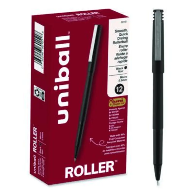 Rollerball Pen, Stick, Extra-Fine 0.5 mm, Black Ink, Black Barrel, Dozen - Pens | uniball