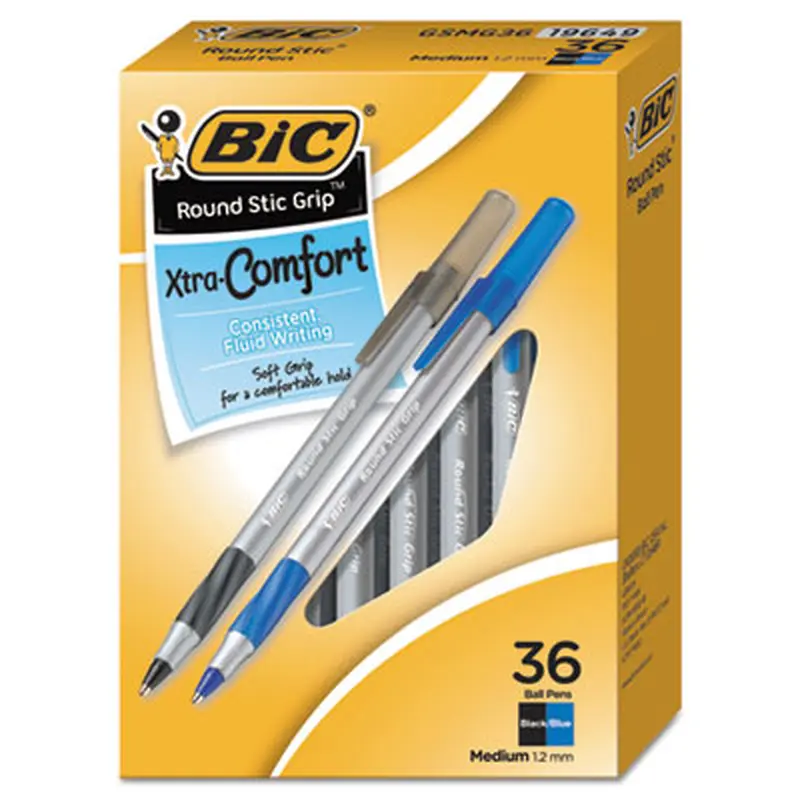 Round Stic Grip Xtra Comfort Ballpoint Pen Value Pack, Easy-Glide, Stick, Medium 1.2mm, Assorted Ink and Barrel Colors, 36/PK - Pens | BIC