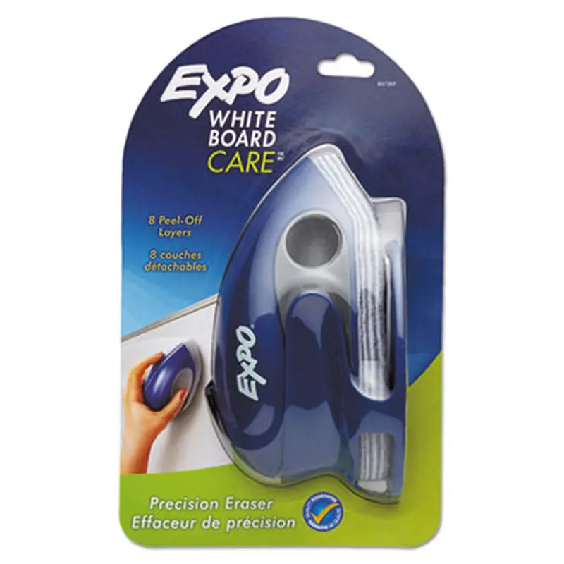 White Board CARE Dry Erase Precision Eraser with Replaceable Pad (Eight Peel-Off Layers), 7.6" x 3.4" x 3.6", Blue - Board Erasers | EXPO
