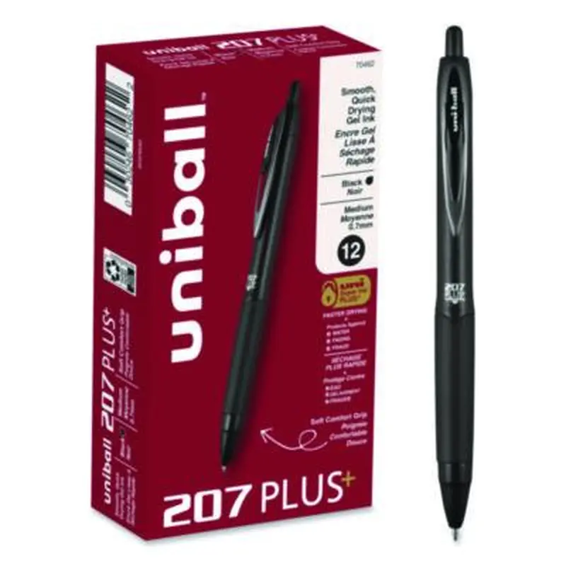 207 Plus  Gel Pen, Retractable, Medium 0.7 mm, Black Ink, Black Barrel, Dozen - Pens | uniball