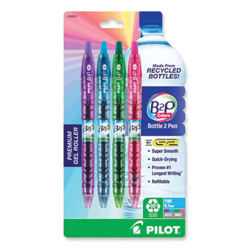 B2P Bottle-2-Pen Recycled Gel Pen, Retractable, Fine 0.7 mm, Assorted Ink and Barrel Colors, 4/Pack - Pens | Pilot