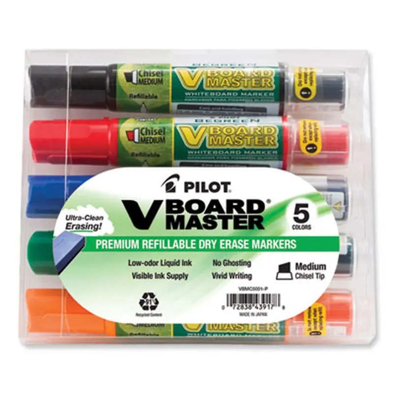 BeGreen V Board Master Dry Erase Marker, Medium Chisel Tip, Assorted Colors, 5/Pack - Board Markers | Pilot