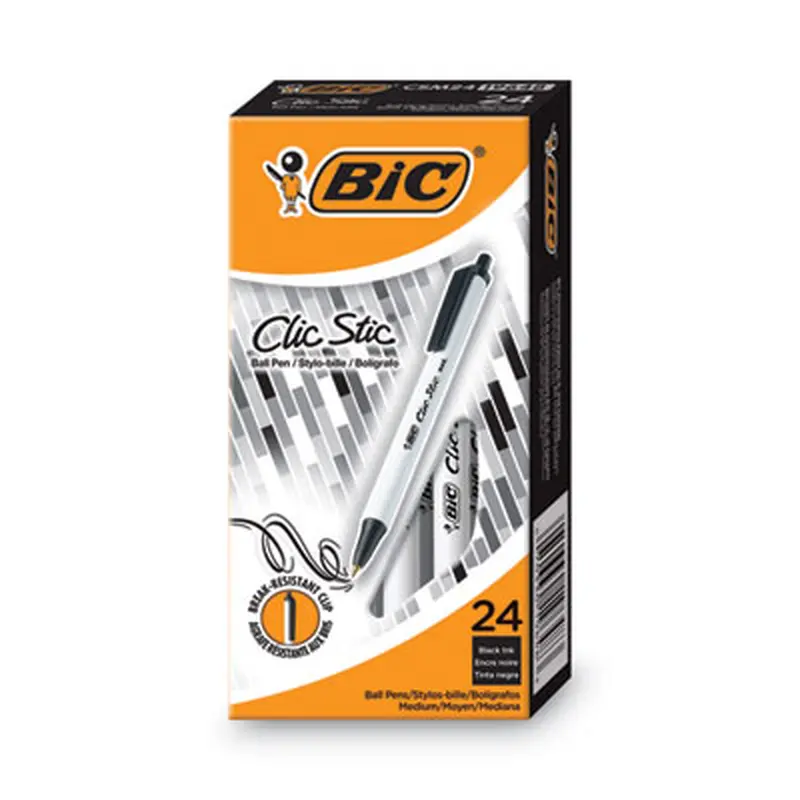 Clic Stic Ballpoint Pen Value Pack, Retractable, Medium 1 mm, Black Ink, White Barrel, 24/Pack - Pens | BIC