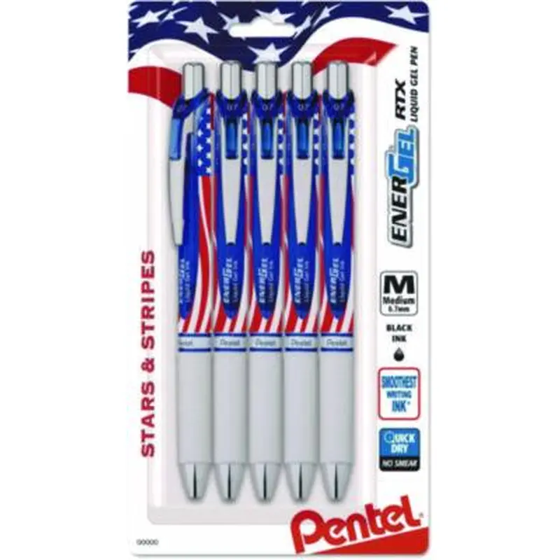 EnerGel RTX Gel Pen, Retractable, Medium 0.7 mm, Black Ink, Stars and Stripes Metallic Red Barrel, 5/Pack - Pens | Pentel