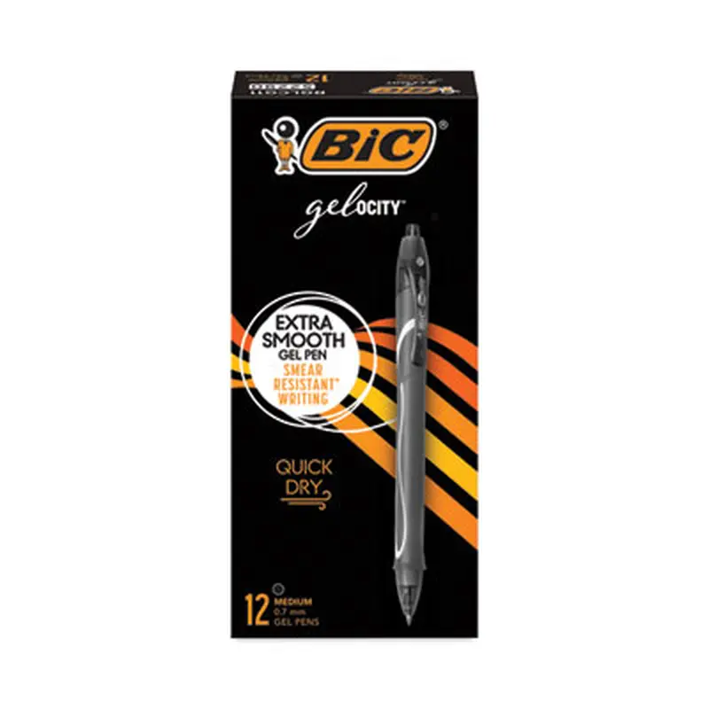 Gel-ocity Quick Dry Gel Pen, Retractable, Medium 0.7 mm, Black Ink, Black Barrel, Dozen - Pens | BIC