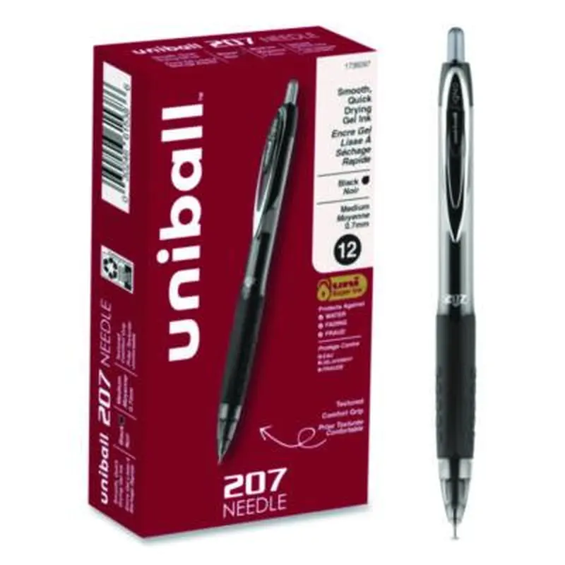 Signo 207 Needle Point Gel Pen, Retractable, Medium 0.7 mm, Black Ink, Clear/Black Barrel, Dozen - Pens | uniball