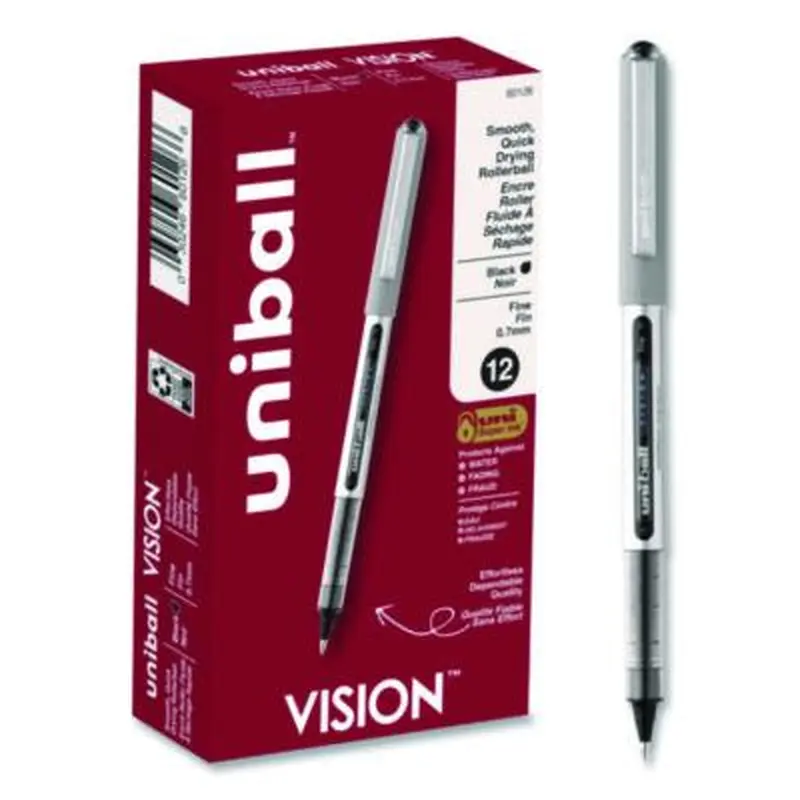 VISION Rollerball Pen, Stick, Fine 0.7 mm, Black Ink, Silver/Black/Clear Barrel, Dozen - Pens | uniball