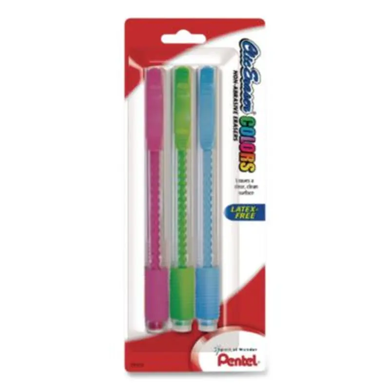 Clic Eraser Grip Eraser, For Pencil Marks, White Eraser, Randomly Assorted Barrel Colors (Three-Colors), 3/Pack - Pencil & Ink Erasers | Pentel