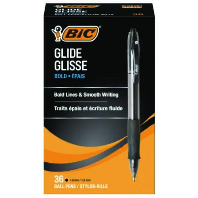 GLIDE Bold Ballpoint Pen Value Pack, Retractable, Bold 1.6 mm, Black Ink, Smoke Barrel, 36/Pack - Pens | BIC