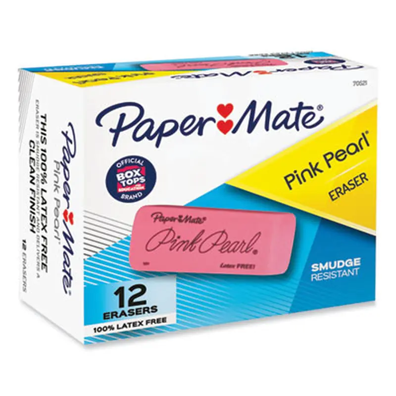 Pink Pearl Eraser, For Pencil Marks, Rectangular Block, Large, Pink, 12/Box - Pencil & Ink Erasers | Paper Mate