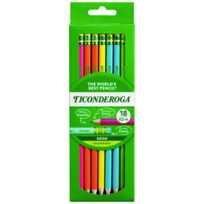 Pre-Sharpened Pencil, 2.2 mm, HB (#2), Black Lead, Neon Assorted Barrel Colors, 18/Pack - Pencils | Ticonderoga