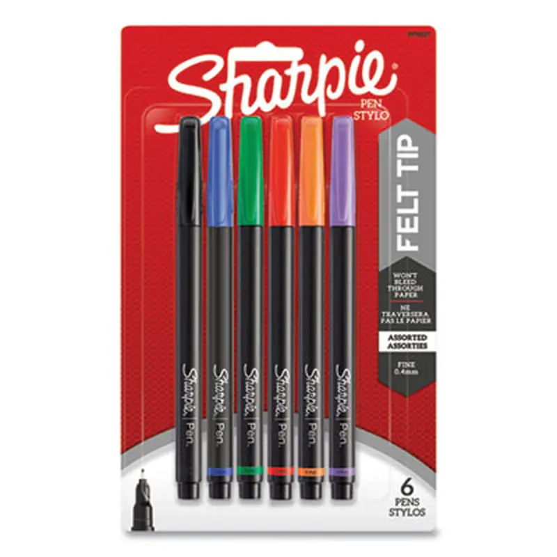 Water-Resistant Ink Porous Point Pen, Stick, Fine 0.4 mm, Assorted Ink and Barrel Colors, 6/Pack - Pens | Sharpie
