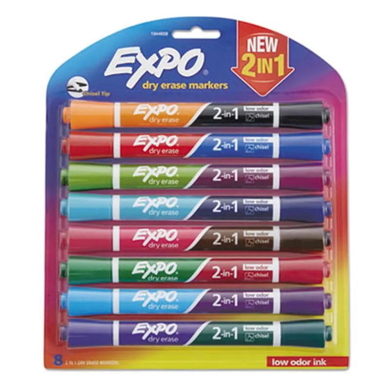 2-in-1 Dry Erase Markers, Fine/Broad Chisel Tips, Assorted Colors, 8/Pack - Board Markers | EXPO