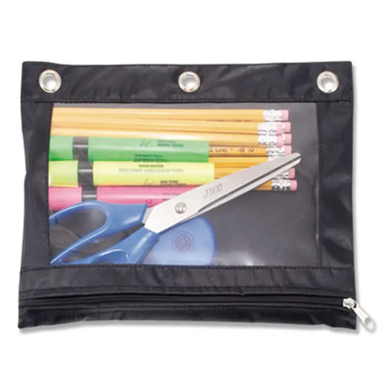 Binder Pencil Pouch, 3-Hole Punched, 10" x 7.38", Black/Clear - Pencil Pouches & Boxes | Advantus