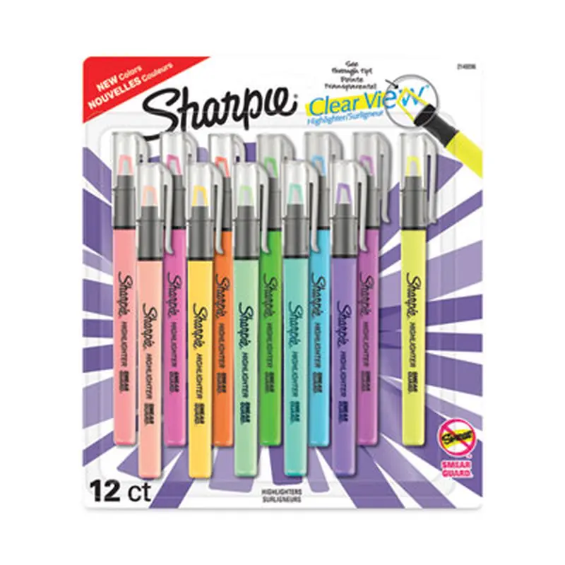 Clearview Pen-Style Highlighter, Assorted Ink Colors, Chisel Tip, Assorted Barrel Colors, 12/Pack - Highlighters | Sharpie