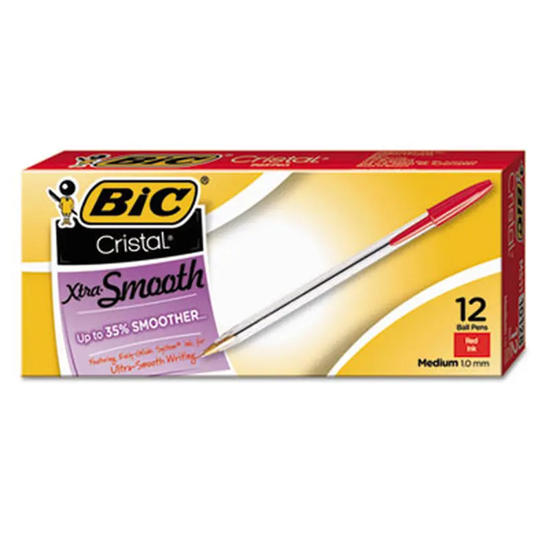 Cristal Xtra Smooth Ballpoint Pen, Stick, Medium 1 mm, Red Ink, Clear Barrel, Dozen - Pens | BIC