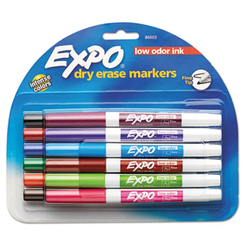 Low-Odor Dry-Erase Marker, Fine Bullet Tip, Assorted Colors, 12/Set - Board Markers | EXPO
