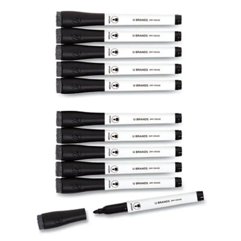 Medium Point Low-Odor Dry-Erase Markers with Erasers, Medium Bullet Tip, Black, Dozen - Board Markers | U Brands
