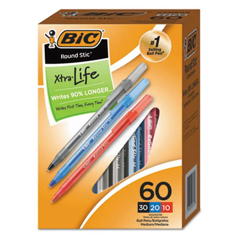 Round Stic Xtra Precision Ballpoint Pen Value Pack, Stick, Medium 1 mm, Assorted Ink and Barrel Colors, 60/Pack - Pens | BIC