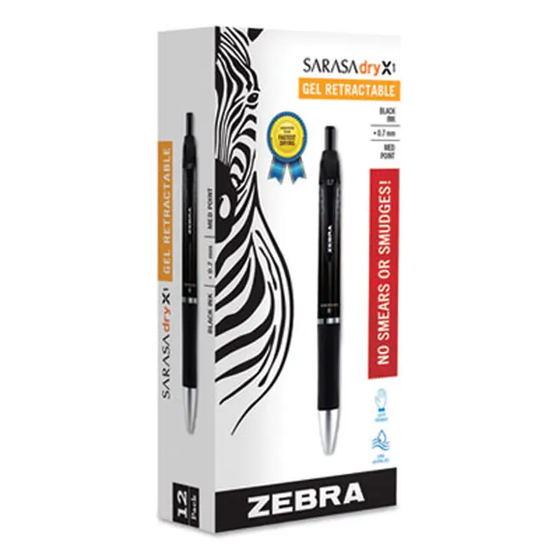 Sarasa Dry Gel X1 Gel Pen, Retractable, Medium 0.7 mm, Black Ink, Black Barrel, 12/Pack - Pens | Zebra