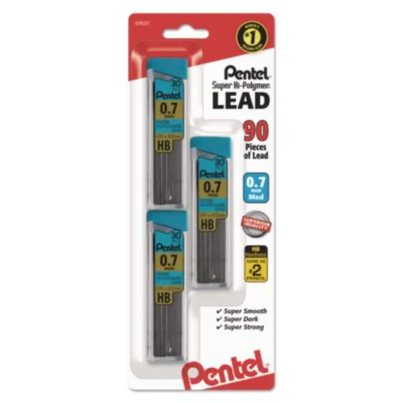 Super Hi-Polymer Lead Refills, 0.7 mm, HB, Black, 30/Tube, 3 Tubes/Pack - Pencil Lead | Pentel