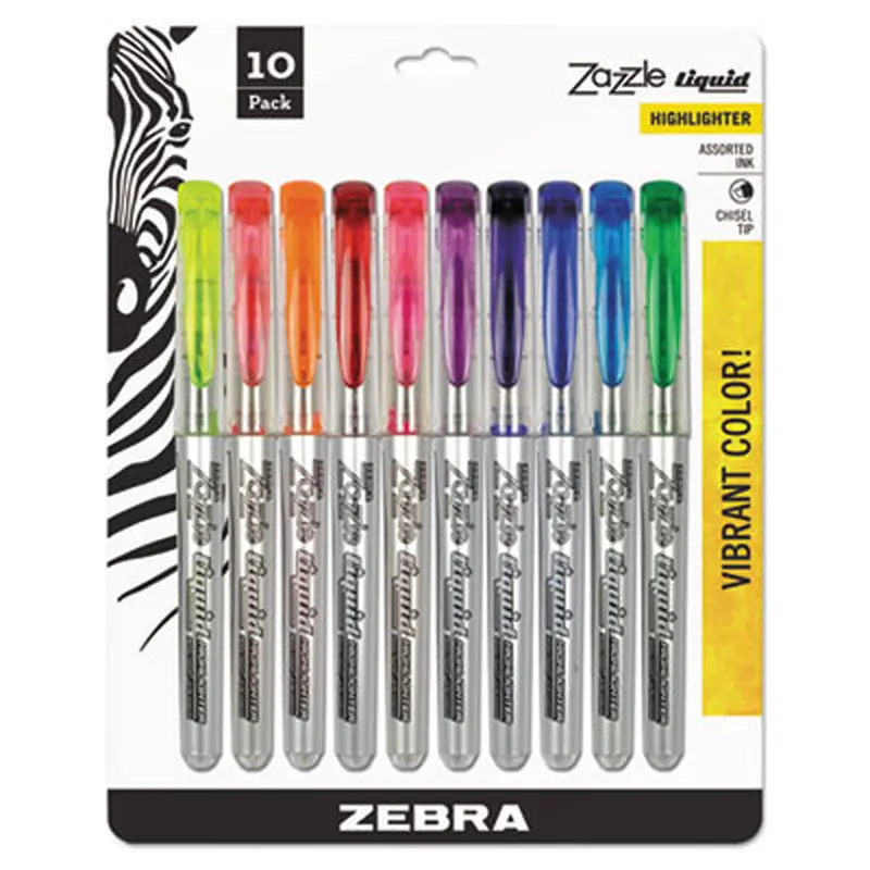Zazzle Liquid Ink Highlighter, Assorted Ink Colors, Chisel Tip, Assorted Barrel Colors, 10/Set - Highlighters | Zebra