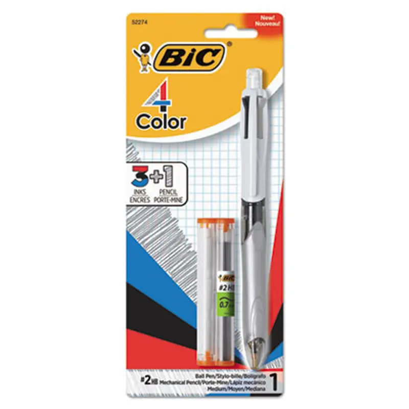 4-Color 3   1 Ballpoint Pen/Pencil, Retractable, Medium 1 mm Pen/0.7 mm Pencil, Black/Blue/Red Ink, Gray/White Barrel - Pens | BIC