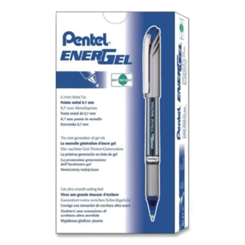 EnerGel NV Gel Pen, Stick, Medium 0.7 mm, Blue Ink, Gray/Black/Blue Barrel, Dozen - Pens | Pentel