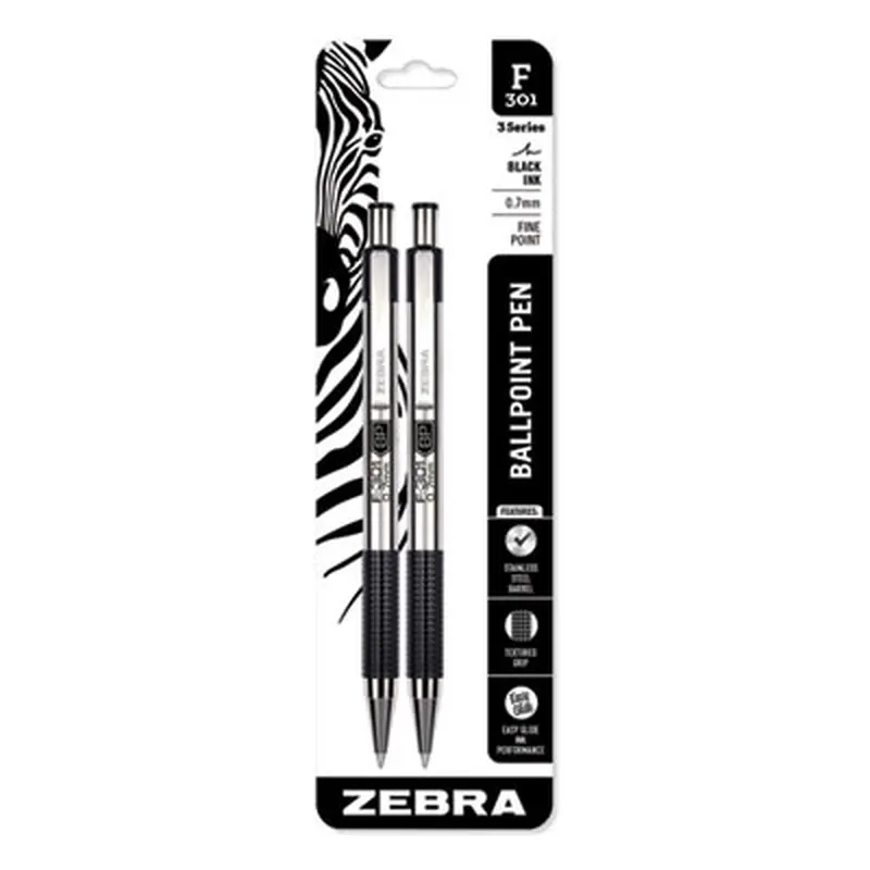 F-301 Ballpoint Pen, Retractable, Fine 0.7 mm, Black Ink, Stainless Steel/Black Barrel, 2/Pack - Pens | Zebra