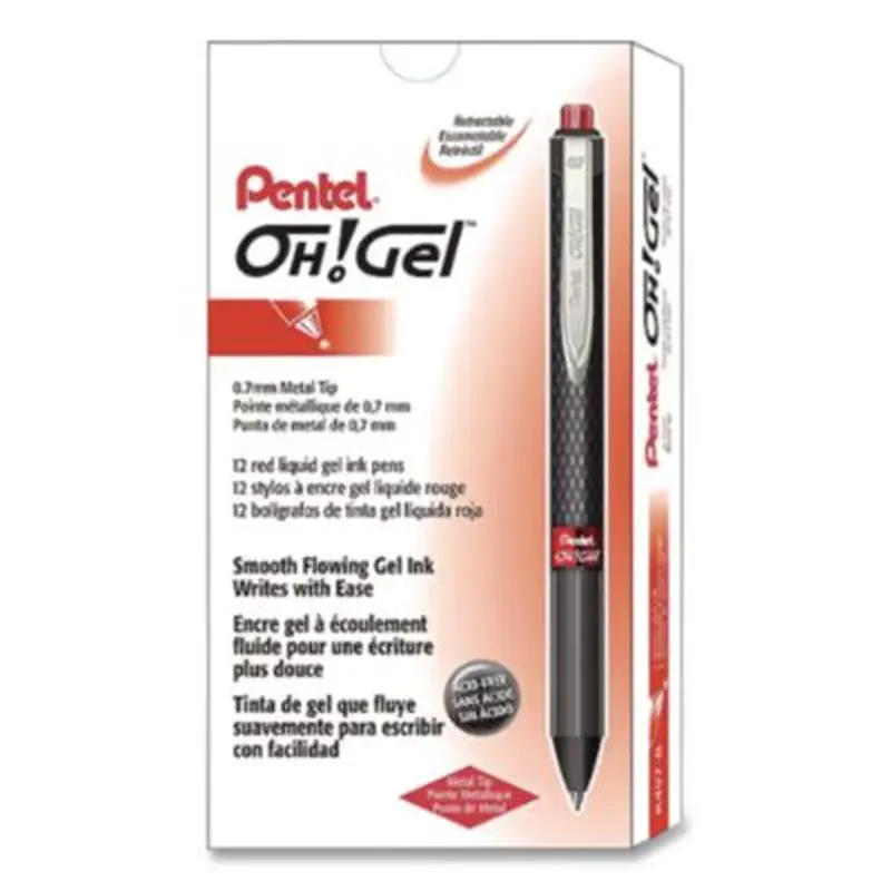 Oh! Gel Pen, Retractable, Medium 0.7 mm, Red Ink, Black Barrel, Dozen - Pens | Pentel