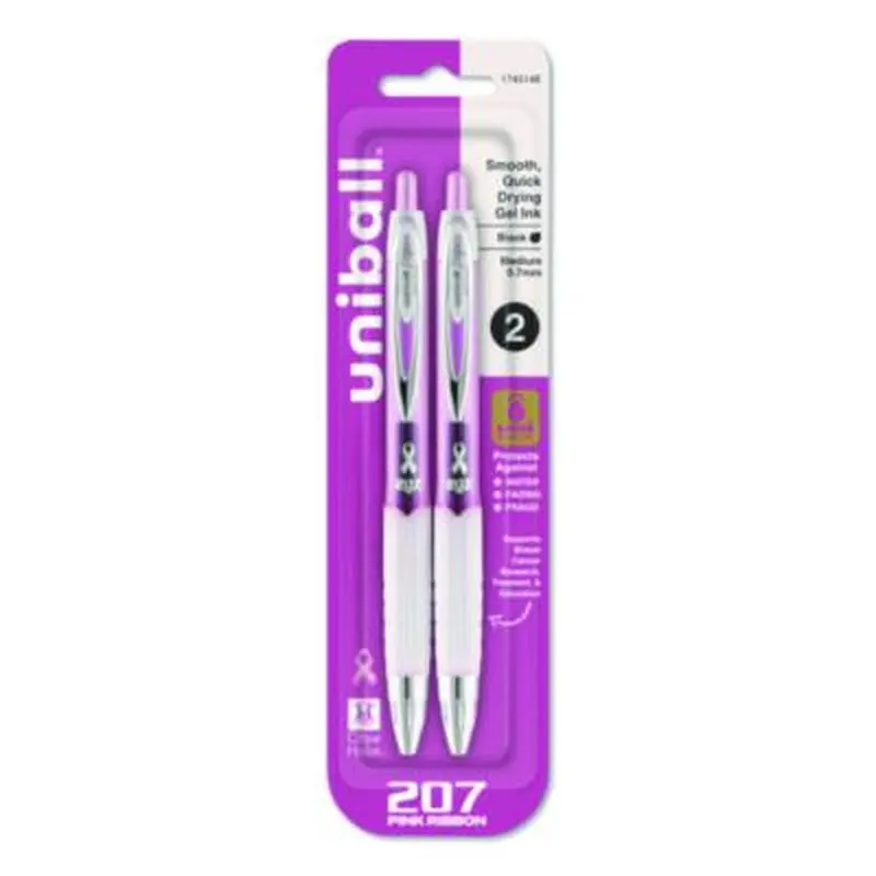 Signo 207 Breast Cancer Awareness Gel Pen, Retractable, Medium 0.7 mm, Black Ink, Translucent Pink/White Barrel, 2/Pack - Pens | uniball