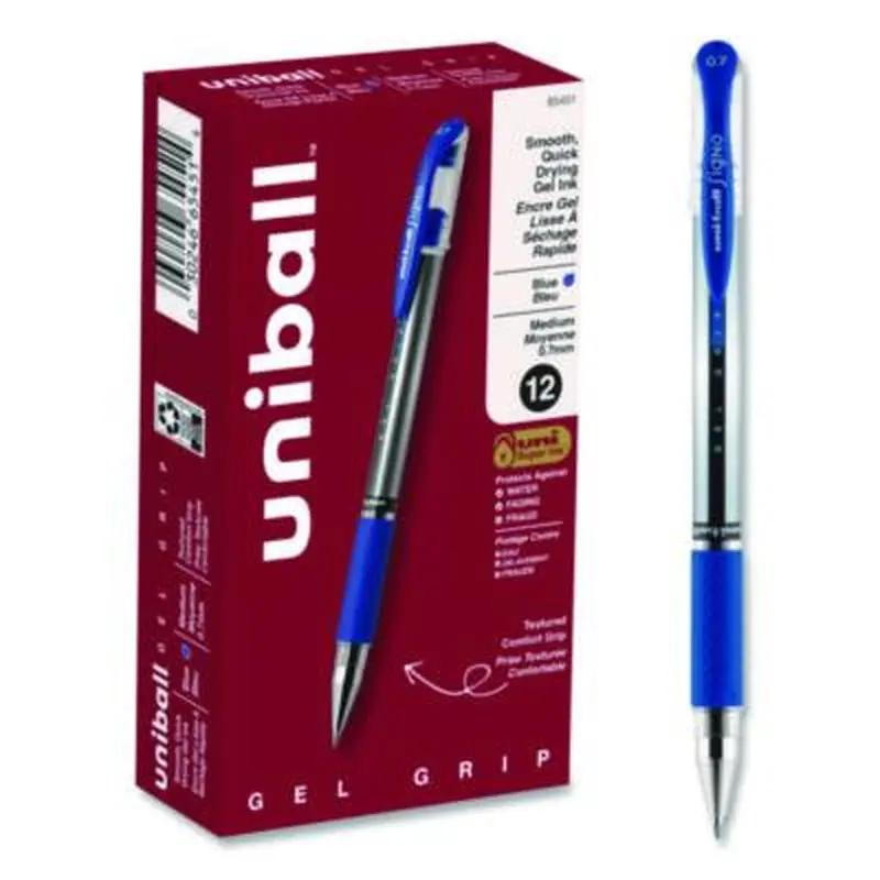Signo GRIP Gel Pen, Stick, Medium 0.7 mm, Blue Ink, Clear/Blue/Silver Barrel, Dozen - Pens | uniball