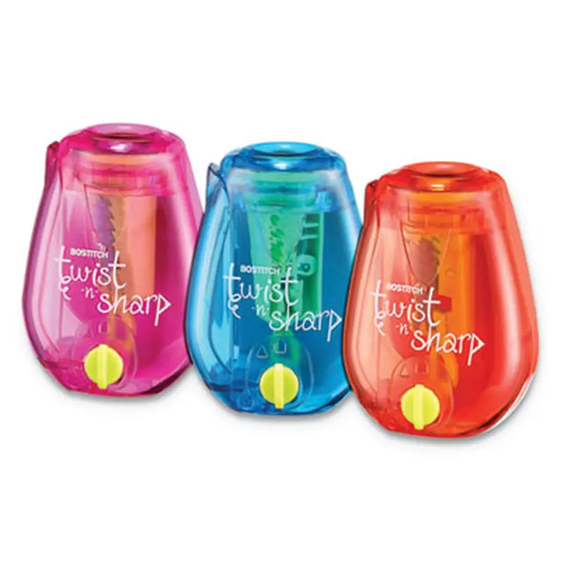 Twist-n-Sharp Pencil Sharpener, One-Hole, 3.5 x 1.25 x 5.5, Randomly Assorted Colors, 6/Pack - Pencil & Crayon Sharpeners | Bostitch