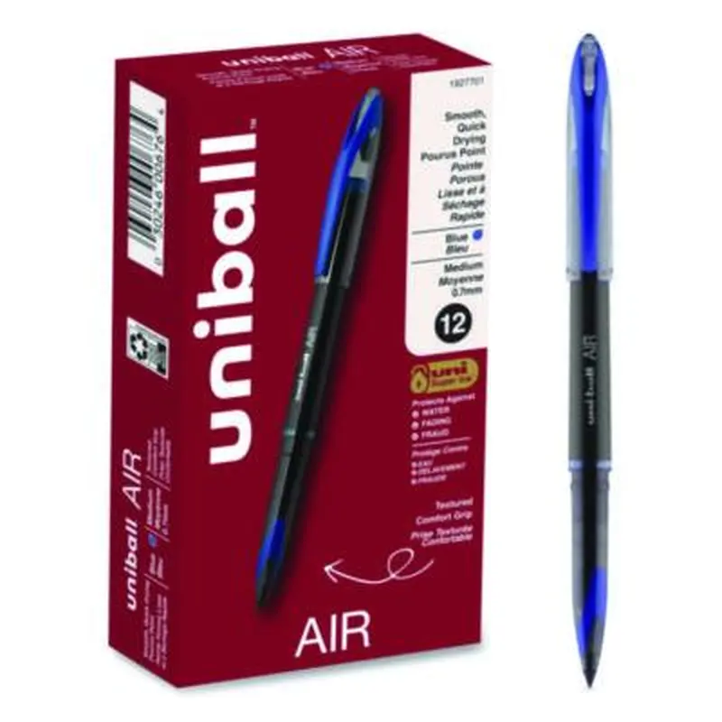 AIR Porous Rollerball Pen, Stick, Medium 0.7 mm, Blue Ink, Black/Blue Barrel, Dozen - Pens | uniball