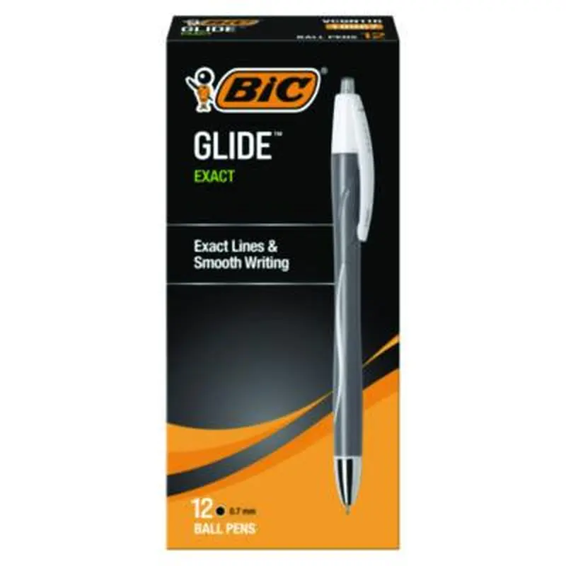 GLIDE Exact Ballpoint Pen, Retractable, Fine 0.7 mm, Black Ink, Black Barrel, Dozen - Pens | BIC