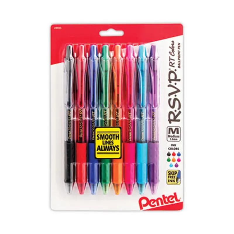R.S.V.P. RT Ballpoint Pen, Retractable, Medium 1 mm, Assorted Ink Colors, Clear Barrel, 8/Pack - Pens | Pentel