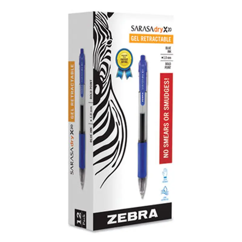 Sarasa Dry Gel X20 Gel Pen, Retractable, Bold 1 mm, Blue Ink, Clear/Blue Barrel, 12/Pack - Pens | Zebra