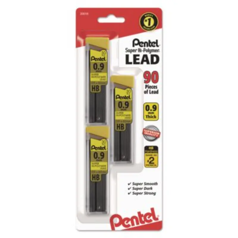 Super Hi-Polymer Lead Refills, 0.9 mm, HB, Black, 30/Tube, 3 Tubes/Pack - Pencil Lead | Pentel