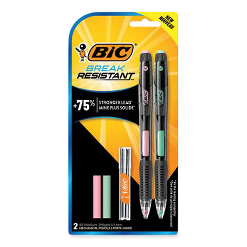Break-Resistant Mechanical Pencils with Erasers, 0.7 mm, HB (#2), Black Lead, Assorted Barrel Colors, 2/Pack - Pencils | BIC