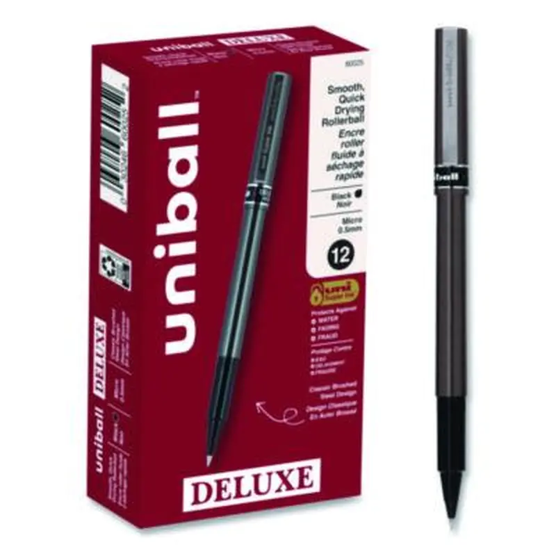 Deluxe Rollerball Pen, Stick, Extra-Fine 0.5 mm, Black Ink, Metallic Gray/Black Barrel, Dozen - Pens | uniball