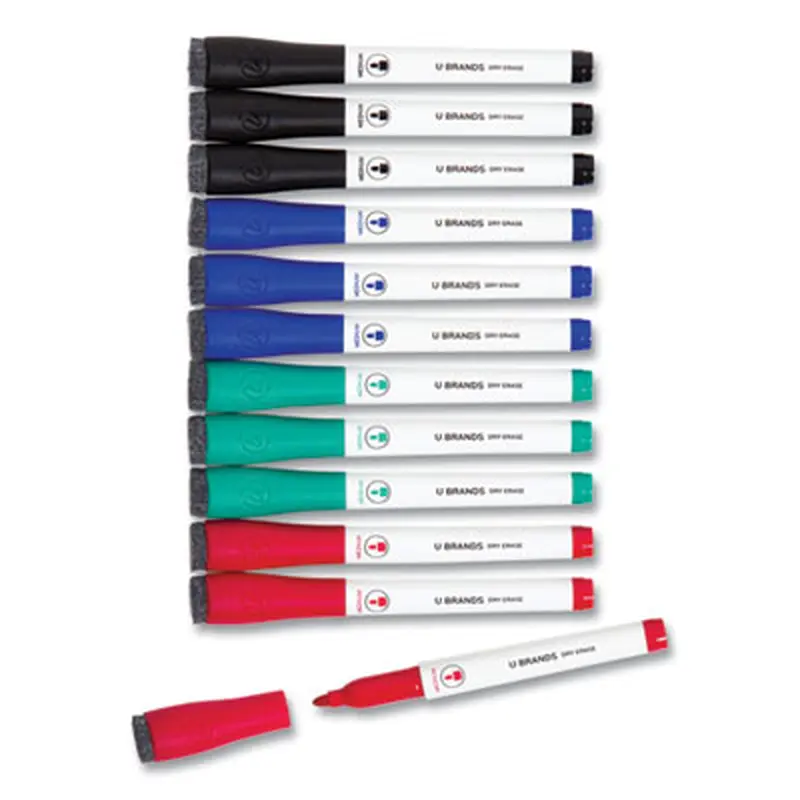 Medium Point Low-Odor Dry-Erase Markers with Erasers, Medium Bullet Tip, Assorted Colors, 12/Pack - Board Markers | U Brands